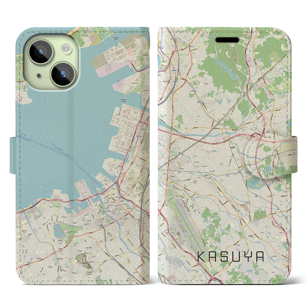 【粕屋(福岡県)】地図柄iPhoneケース(手帳タイプ)ナチュラル・iPhone 15 用