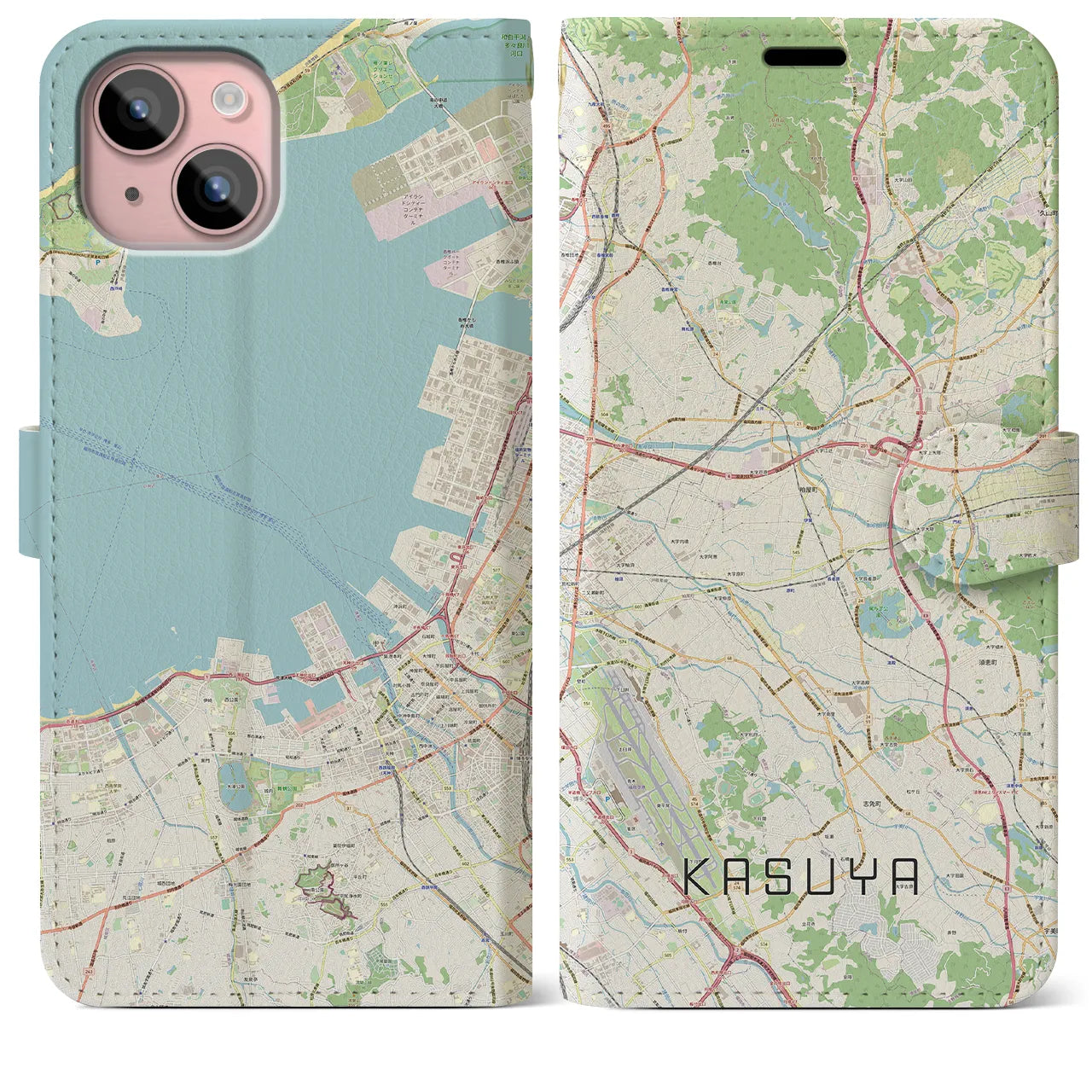 【粕屋(福岡県)】地図柄iPhoneケース(手帳タイプ)ナチュラル・iPhone 15 Plus 用