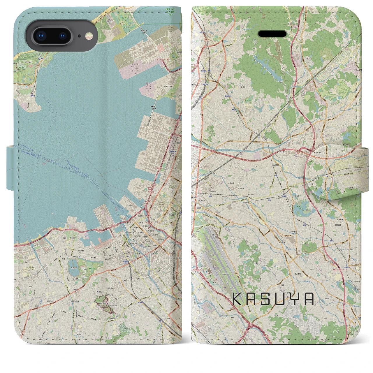 【粕屋(福岡県)】地図柄iPhoneケース(手帳タイプ)ナチュラル・iPhone 8Plus /7Plus / 6sPlus / 6Plus 用