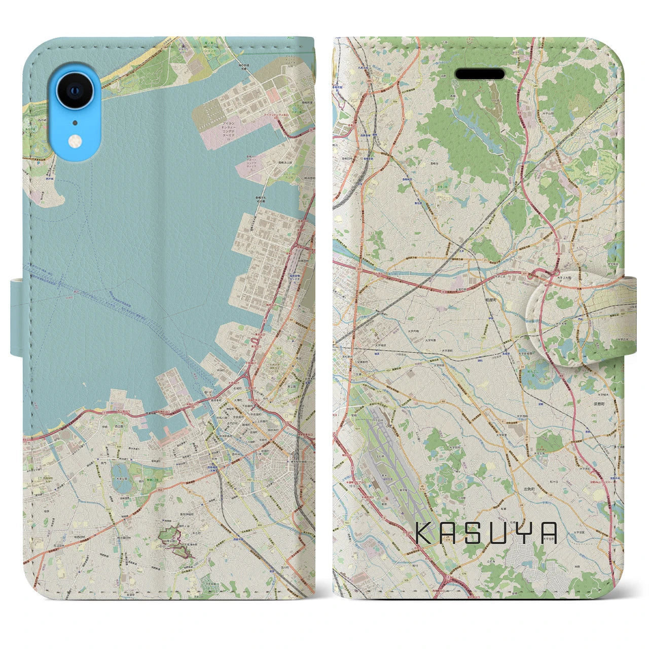 【粕屋(福岡県)】地図柄iPhoneケース(手帳タイプ)ナチュラル・iPhone XR 用