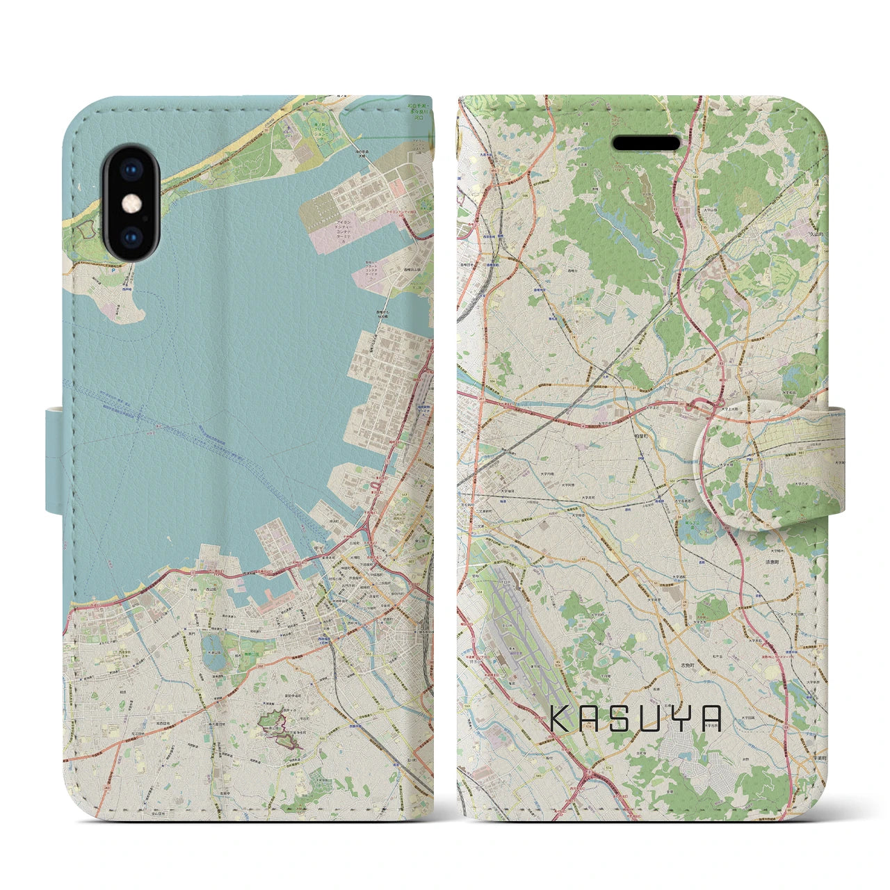 【粕屋(福岡県)】地図柄iPhoneケース(手帳タイプ)ナチュラル・iPhone XS / X 用
