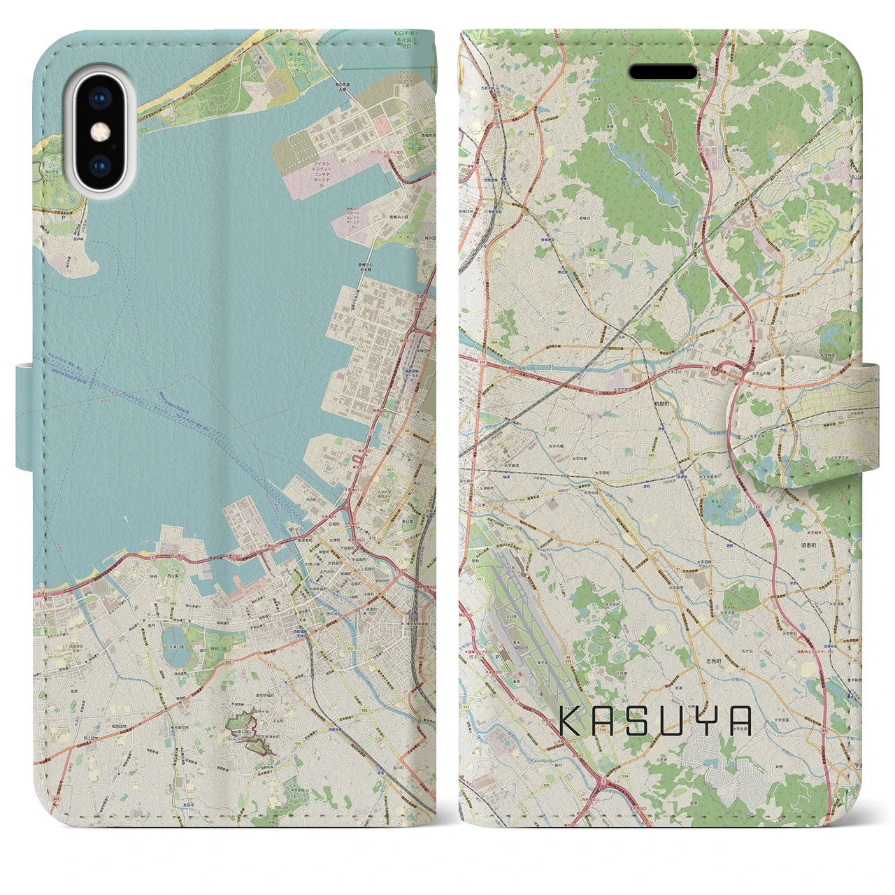 【粕屋(福岡県)】地図柄iPhoneケース(手帳タイプ)ナチュラル・iPhone XS Max 用