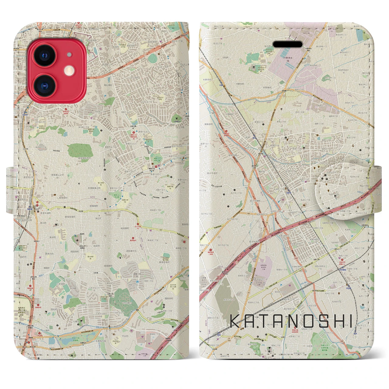 【交野市(大阪府)】地図柄iPhoneケース(手帳タイプ)ナチュラル・iPhone 11 用