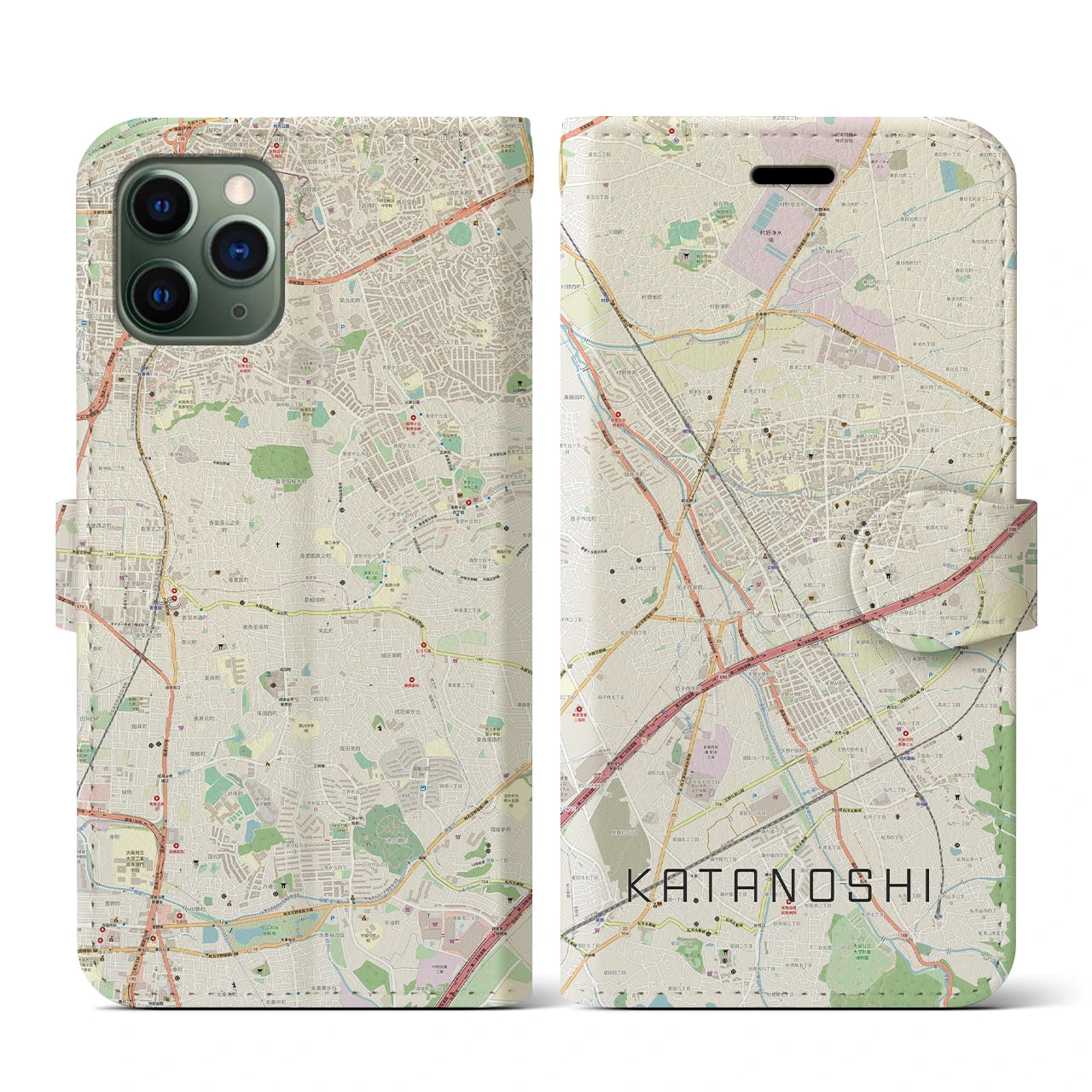 【交野市(大阪府)】地図柄iPhoneケース(手帳タイプ)ナチュラル・iPhone 11 Pro 用