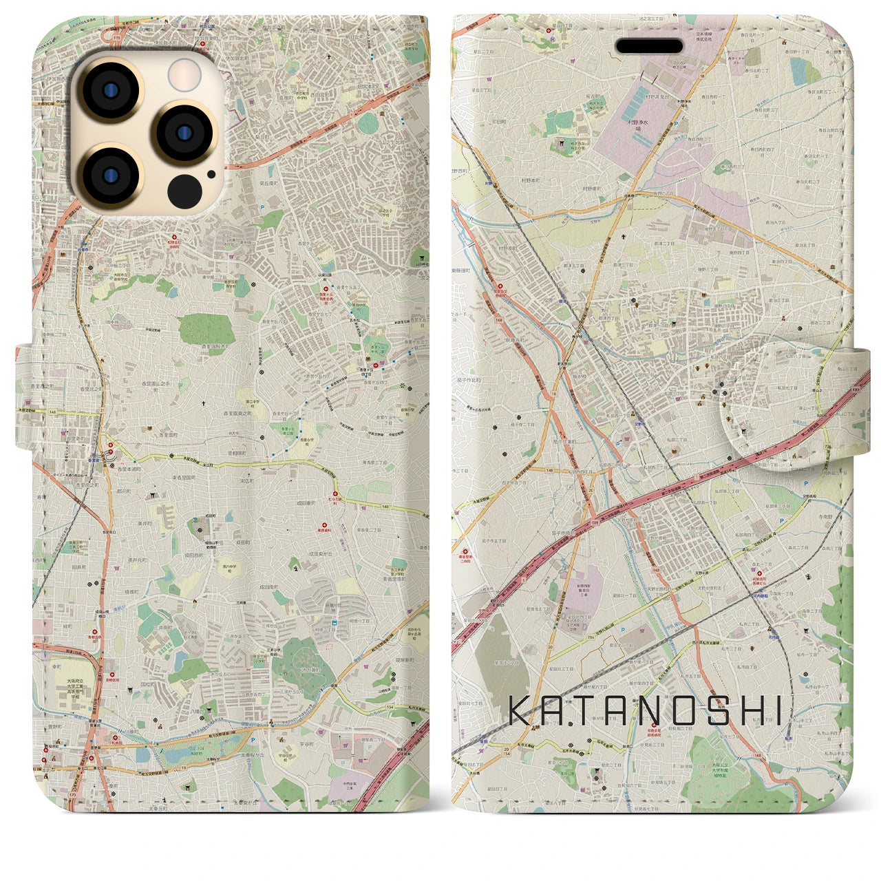 【交野市(大阪府)】地図柄iPhoneケース(手帳タイプ)ナチュラル・iPhone 12 Pro Max 用