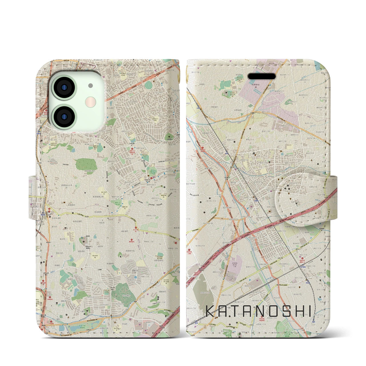 【交野市(大阪府)】地図柄iPhoneケース(手帳タイプ)ナチュラル・iPhone 12 mini 用