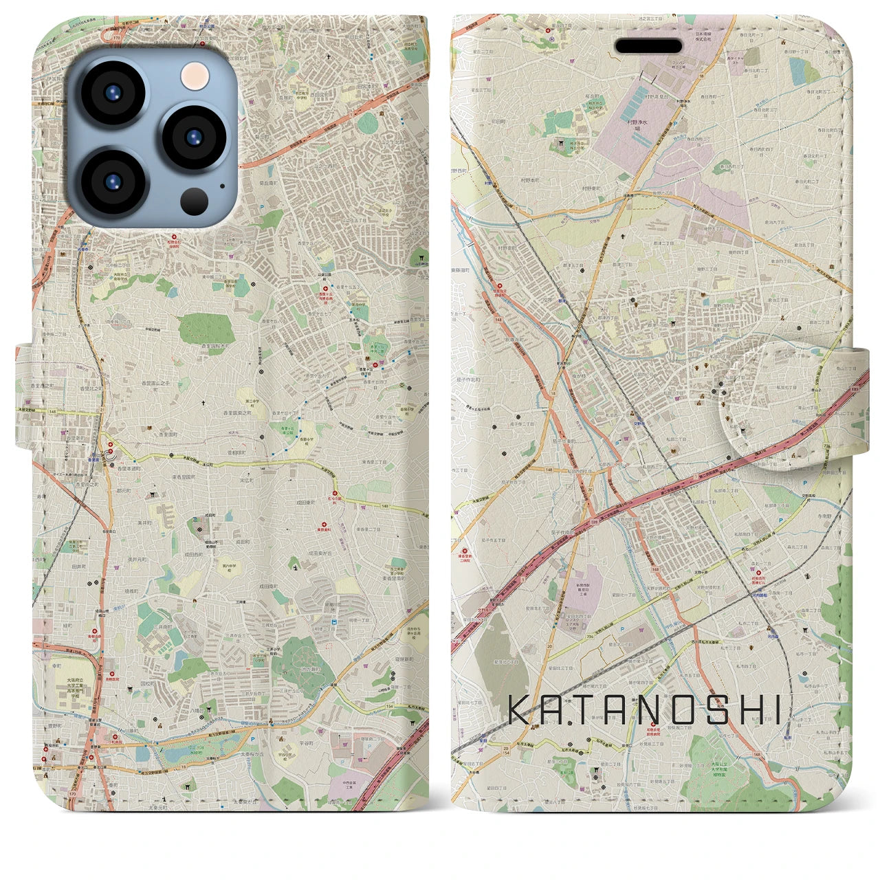 【交野市(大阪府)】地図柄iPhoneケース(手帳タイプ)ナチュラル・iPhone 13 Pro Max 用