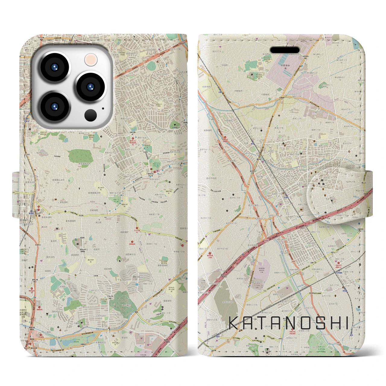 【交野市(大阪府)】地図柄iPhoneケース(手帳タイプ)ナチュラル・iPhone 13 Pro 用