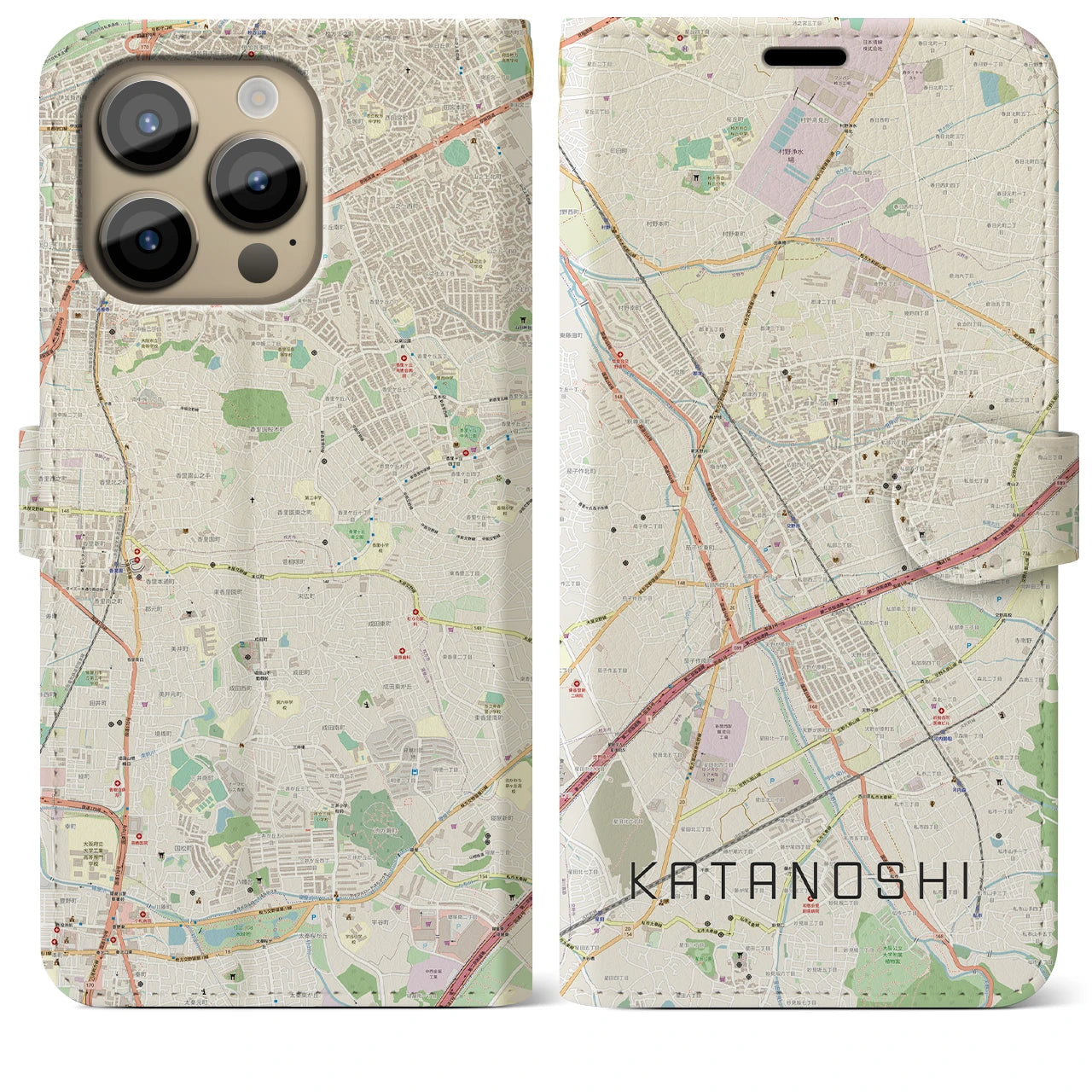 【交野市(大阪府)】地図柄iPhoneケース(手帳タイプ)ナチュラル・iPhone 14 Pro Max 用