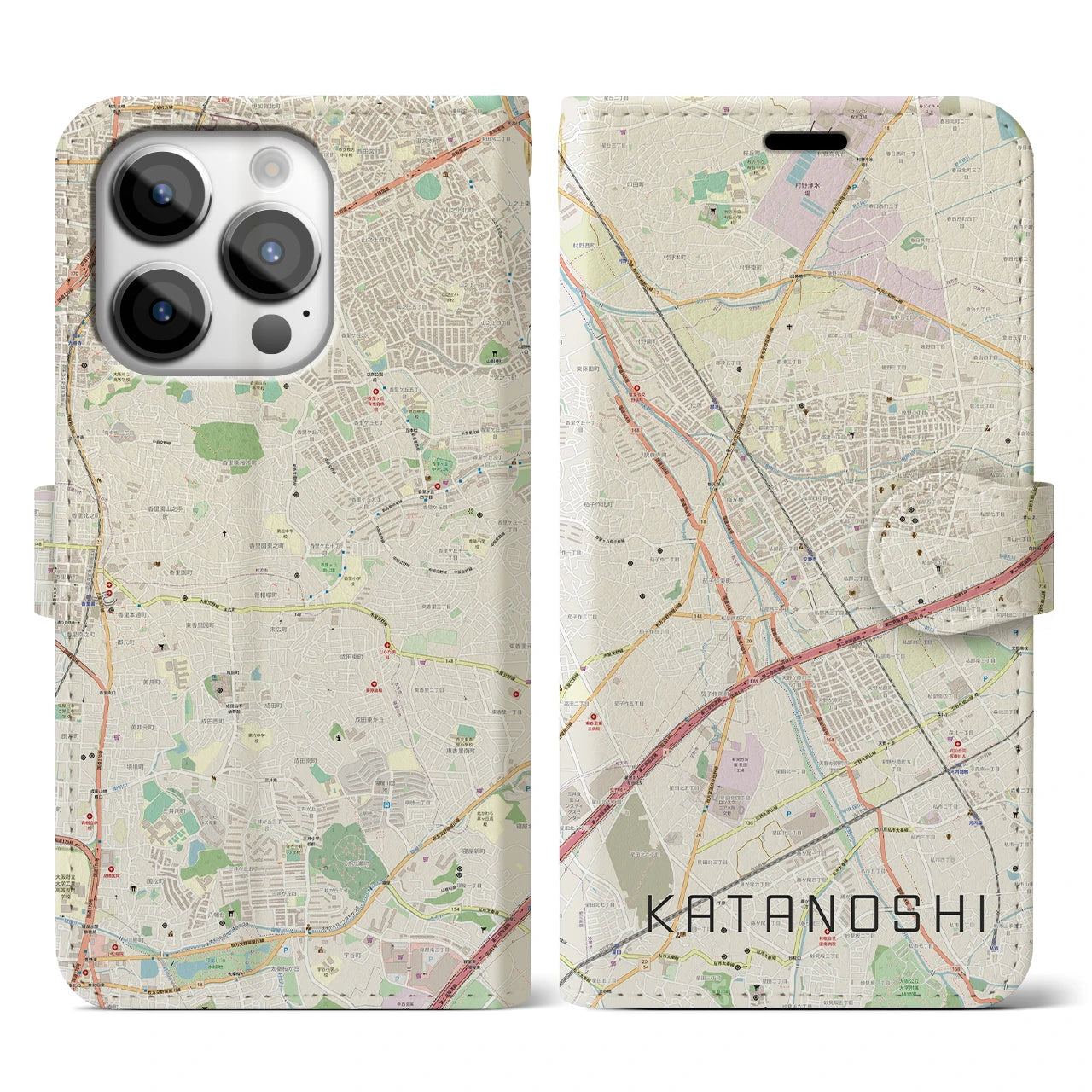 【交野市(大阪府)】地図柄iPhoneケース(手帳タイプ)ナチュラル・iPhone 14 Pro 用
