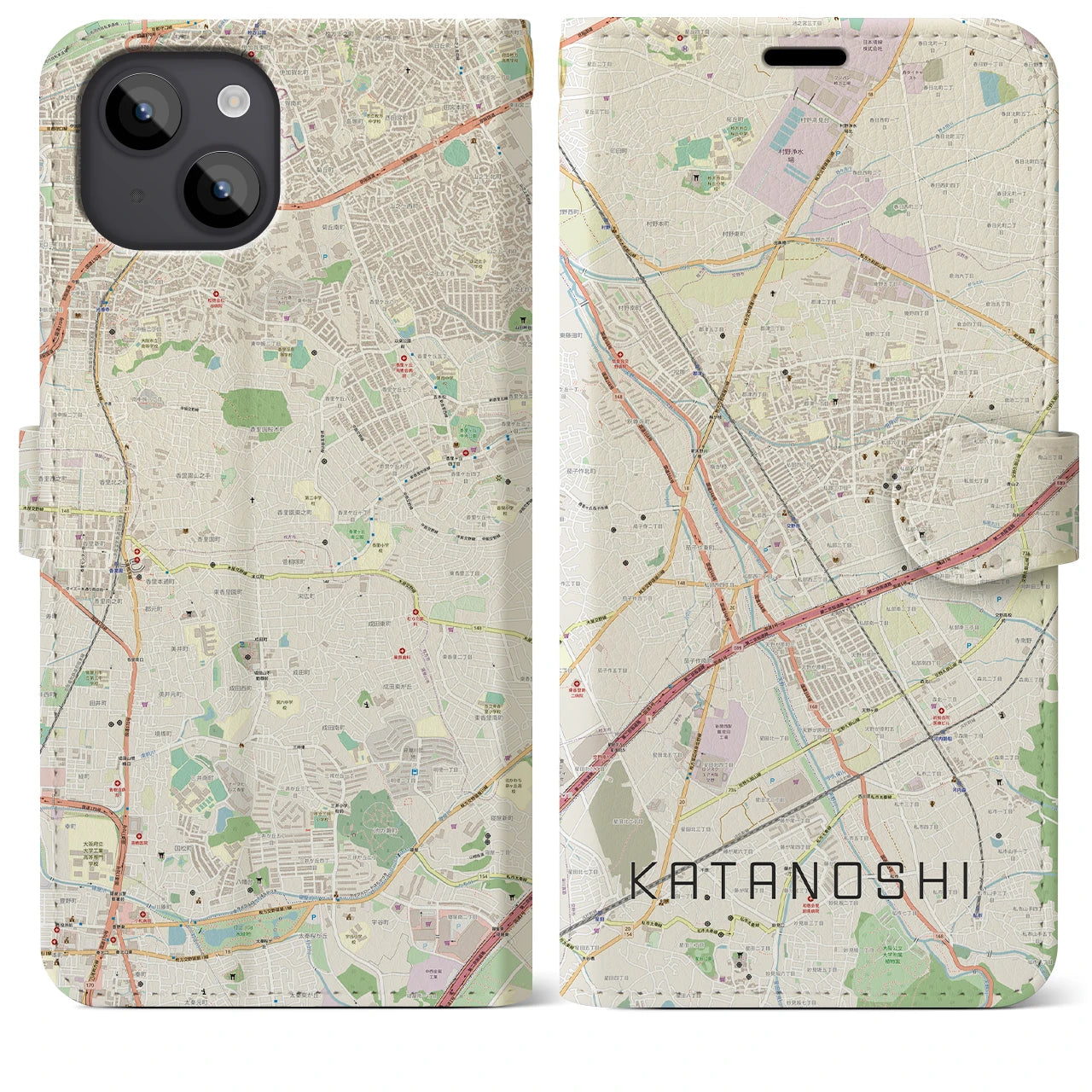 【交野市(大阪府)】地図柄iPhoneケース(手帳タイプ)ナチュラル・iPhone 14 Plus 用