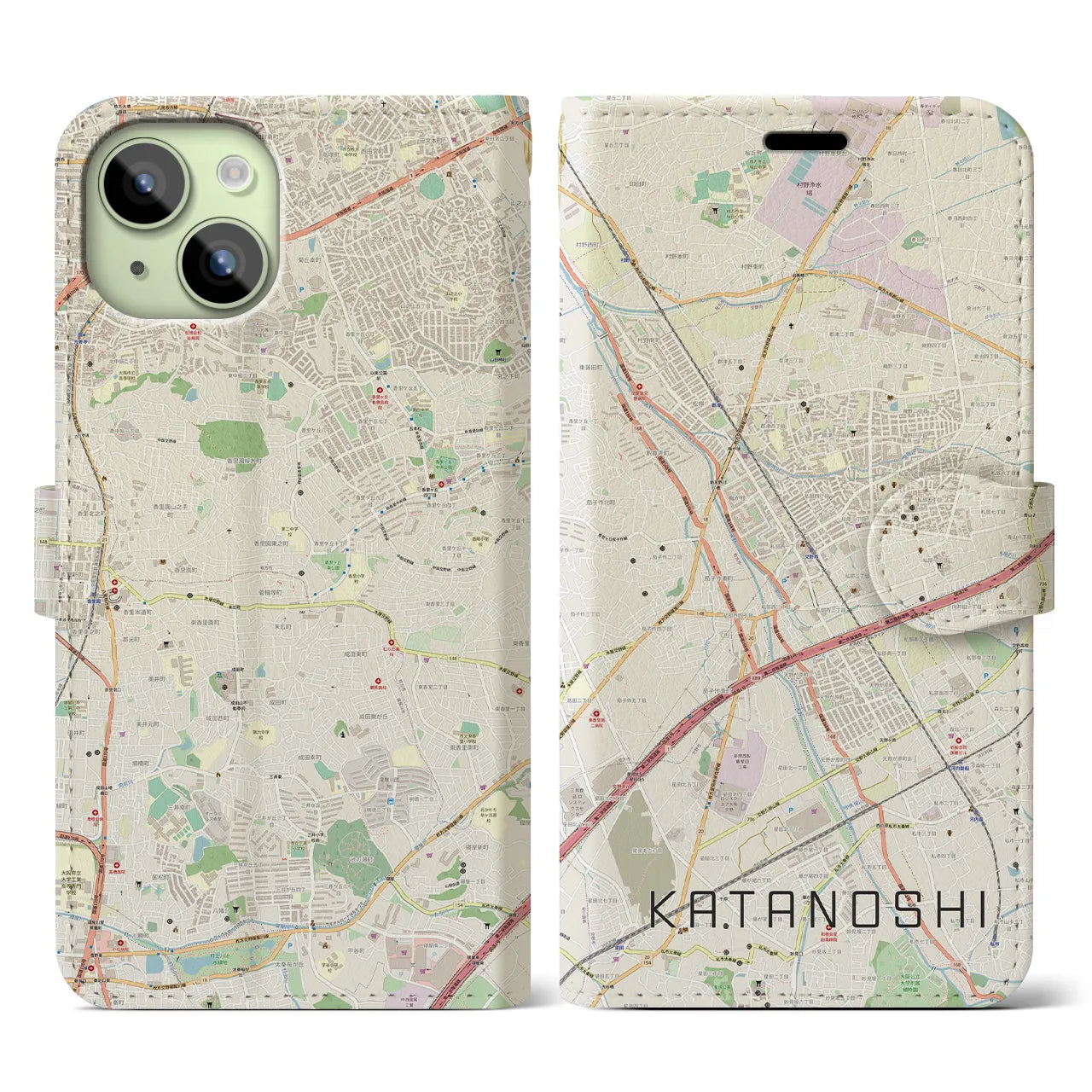 【交野市(大阪府)】地図柄iPhoneケース(手帳タイプ)ナチュラル・iPhone 15 用