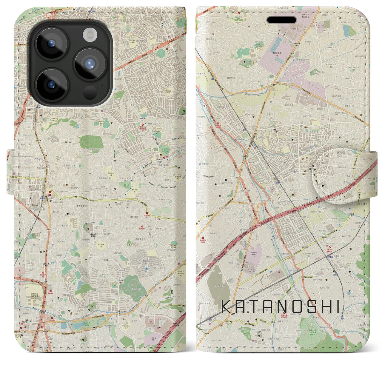 【交野市(大阪府)】地図柄iPhoneケース(手帳タイプ)ナチュラル・iPhone 15 Pro Max 用