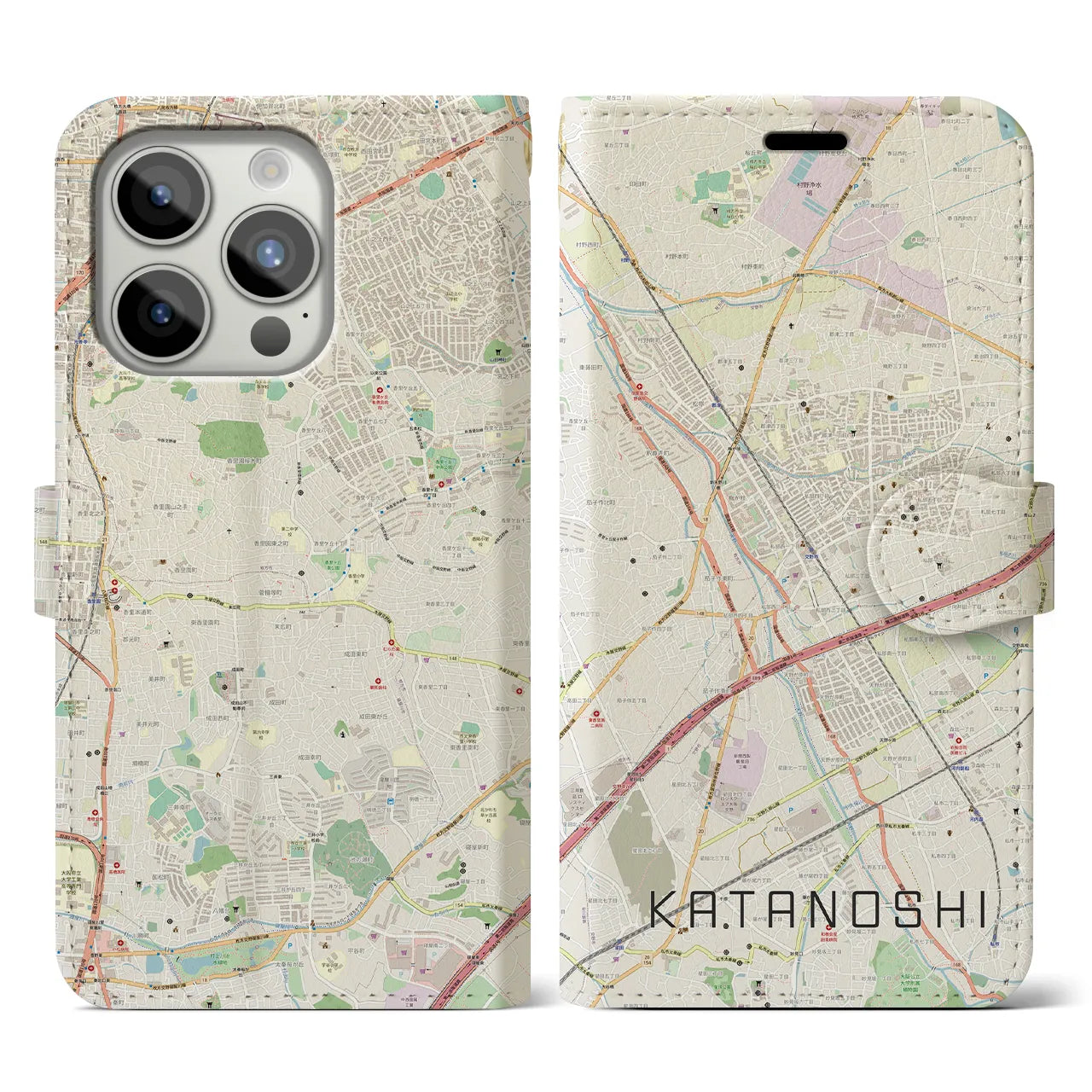 【交野市(大阪府)】地図柄iPhoneケース(手帳タイプ)ナチュラル・iPhone 15 Pro 用