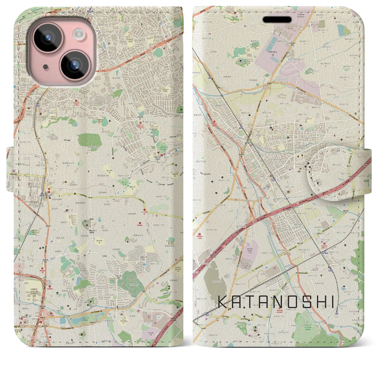 【交野市(大阪府)】地図柄iPhoneケース(手帳タイプ)ナチュラル・iPhone 15 Plus 用