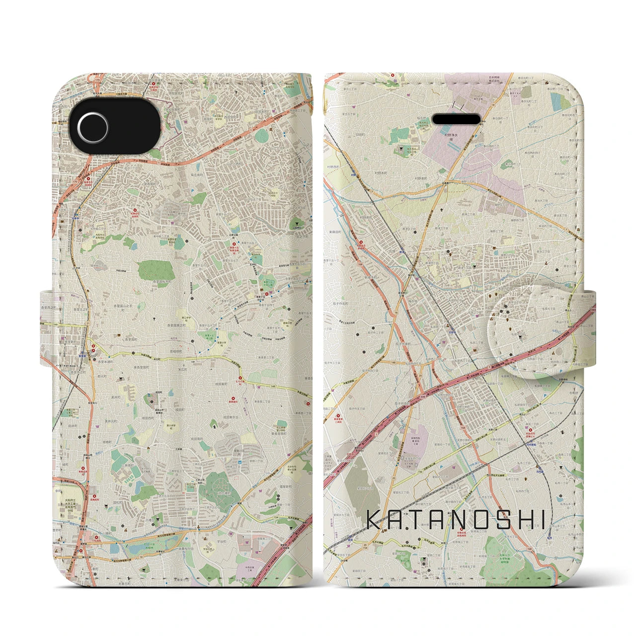 【交野市(大阪府)】地図柄iPhoneケース(手帳タイプ)ナチュラル・iPhone SE(第3 / 第2世代) / 8 / 7 / 6s / 6 用