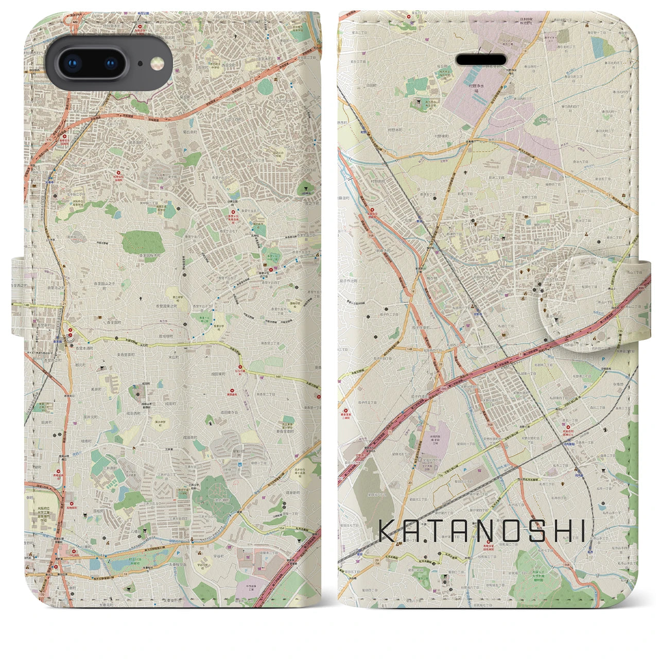 【交野市(大阪府)】地図柄iPhoneケース(手帳タイプ)ナチュラル・iPhone 8Plus /7Plus / 6sPlus / 6Plus 用