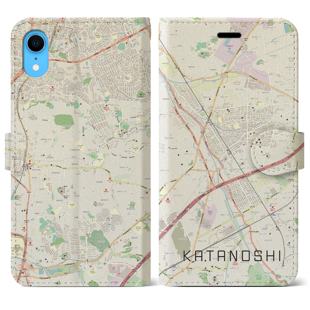 【交野市(大阪府)】地図柄iPhoneケース(手帳タイプ)ナチュラル・iPhone XR 用