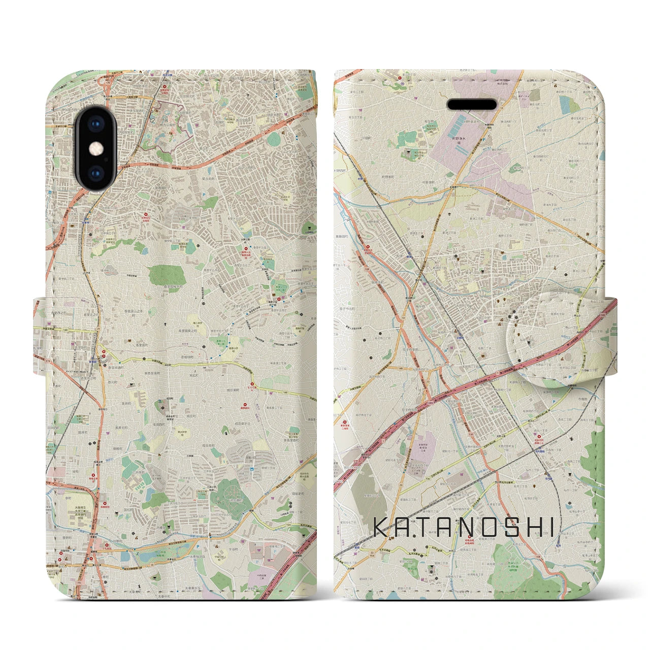 【交野市(大阪府)】地図柄iPhoneケース(手帳タイプ)ナチュラル・iPhone XS / X 用