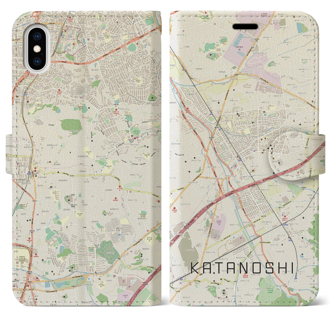【交野市(大阪府)】地図柄iPhoneケース(手帳タイプ)ナチュラル・iPhone XS Max 用