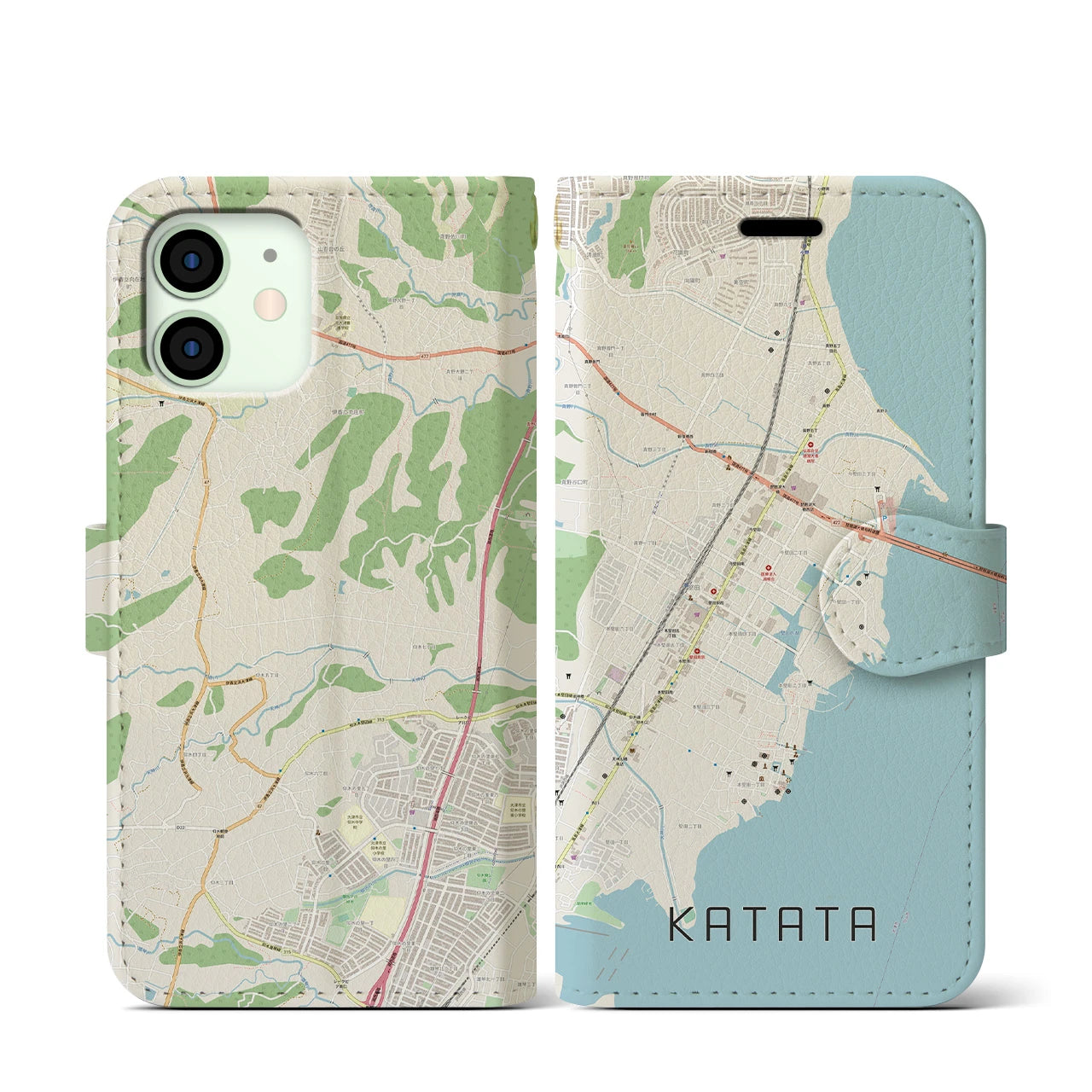 【堅田(滋賀県)】地図柄iPhoneケース(手帳タイプ)ナチュラル・iPhone 12 mini 用