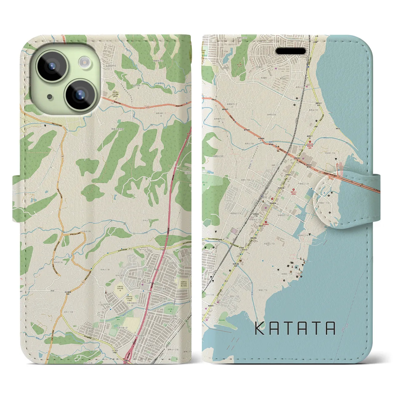 【堅田(滋賀県)】地図柄iPhoneケース(手帳タイプ)ナチュラル・iPhone 15 用