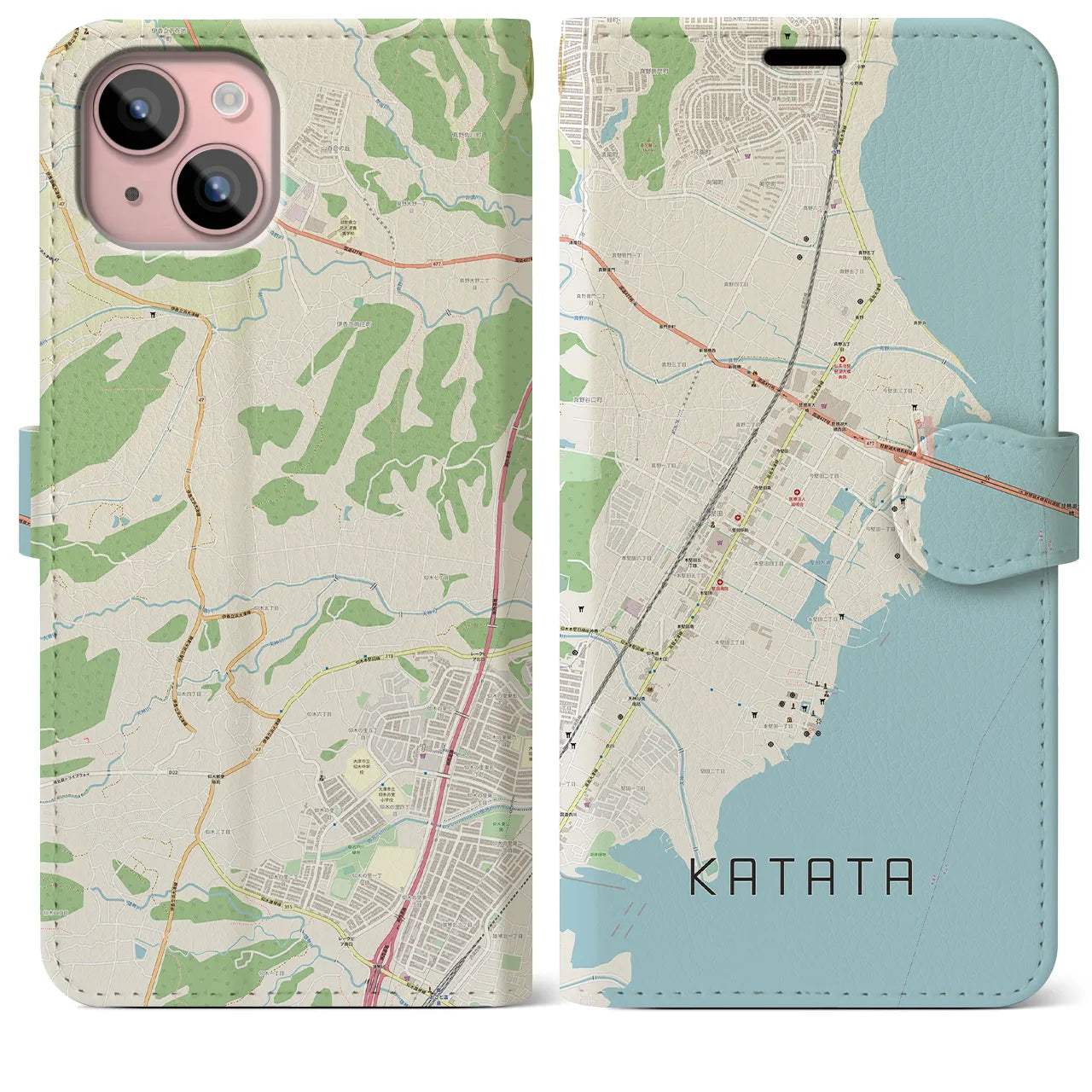 【堅田(滋賀県)】地図柄iPhoneケース(手帳タイプ)ナチュラル・iPhone 15 Plus 用