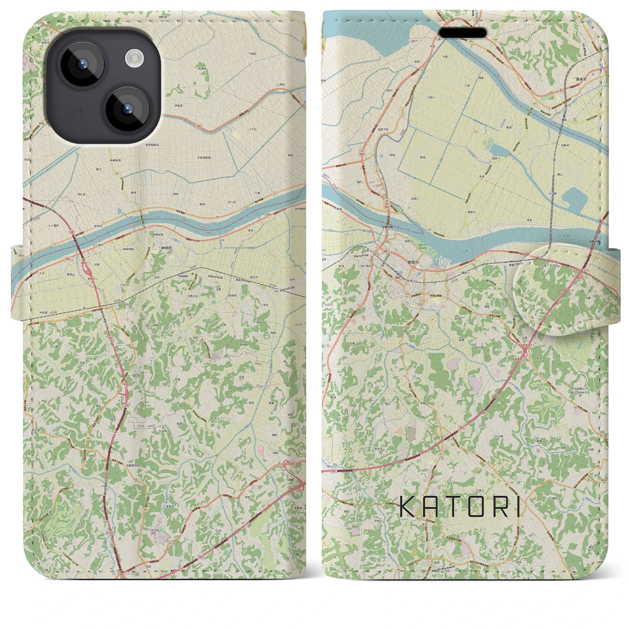 【香取(千葉県)】地図柄iPhoneケース(手帳タイプ)ナチュラル・iPhone 14 Plus 用