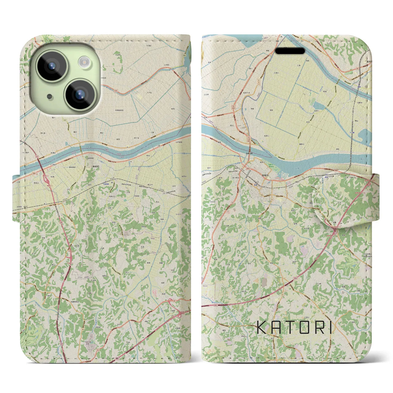 【香取(千葉県)】地図柄iPhoneケース(手帳タイプ)ナチュラル・iPhone 15 用