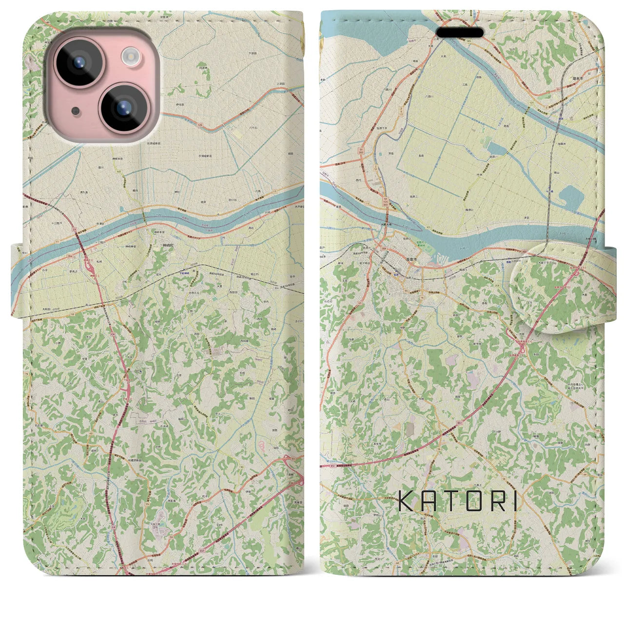 【香取(千葉県)】地図柄iPhoneケース(手帳タイプ)ナチュラル・iPhone 15 Plus 用