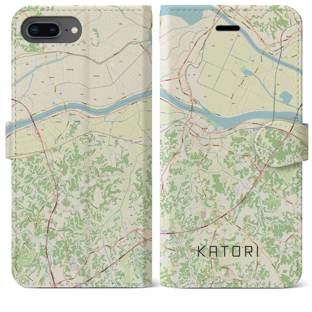 【香取(千葉県)】地図柄iPhoneケース(手帳タイプ)ナチュラル・iPhone 8Plus /7Plus / 6sPlus / 6Plus 用