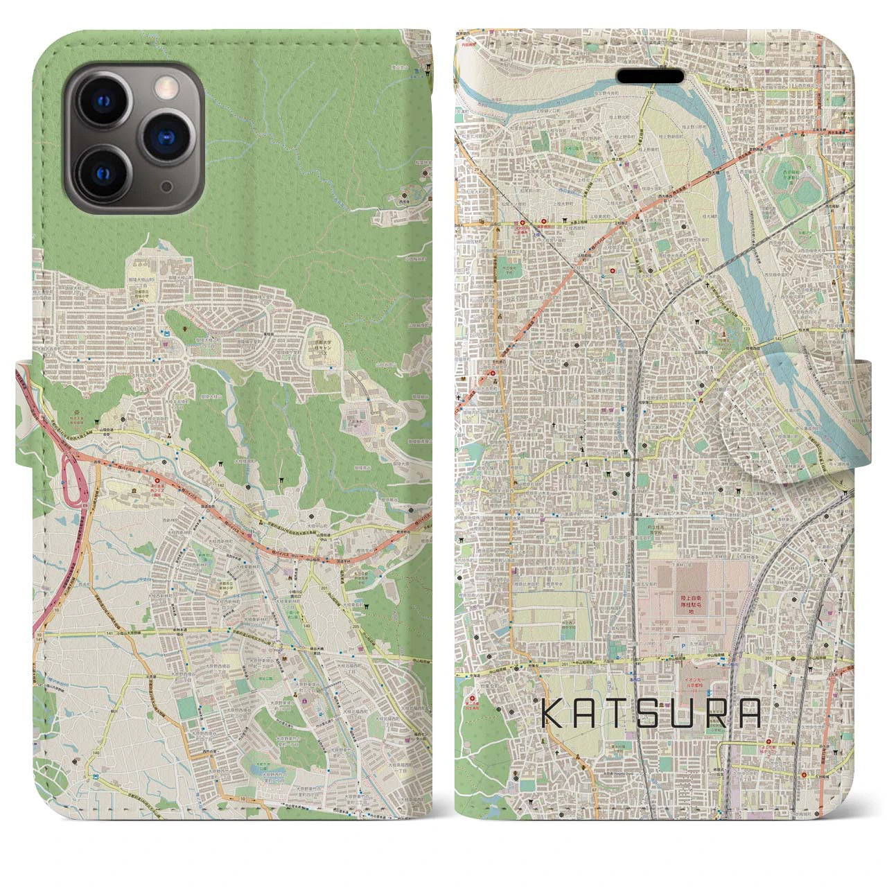 【桂(京都府)】地図柄iPhoneケース(手帳タイプ)ナチュラル・iPhone 11 Pro Max 用