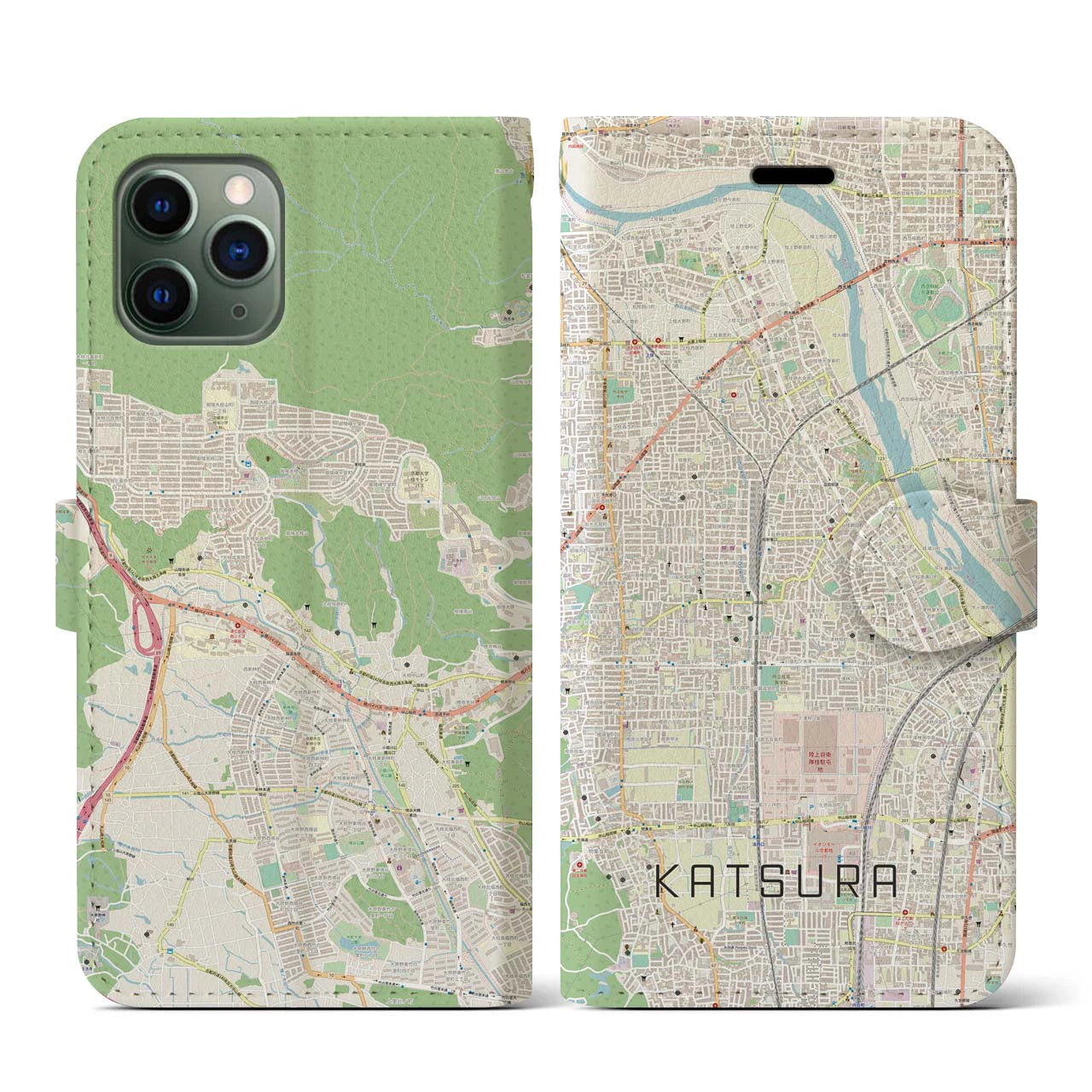 【桂(京都府)】地図柄iPhoneケース(手帳タイプ)ナチュラル・iPhone 11 Pro 用
