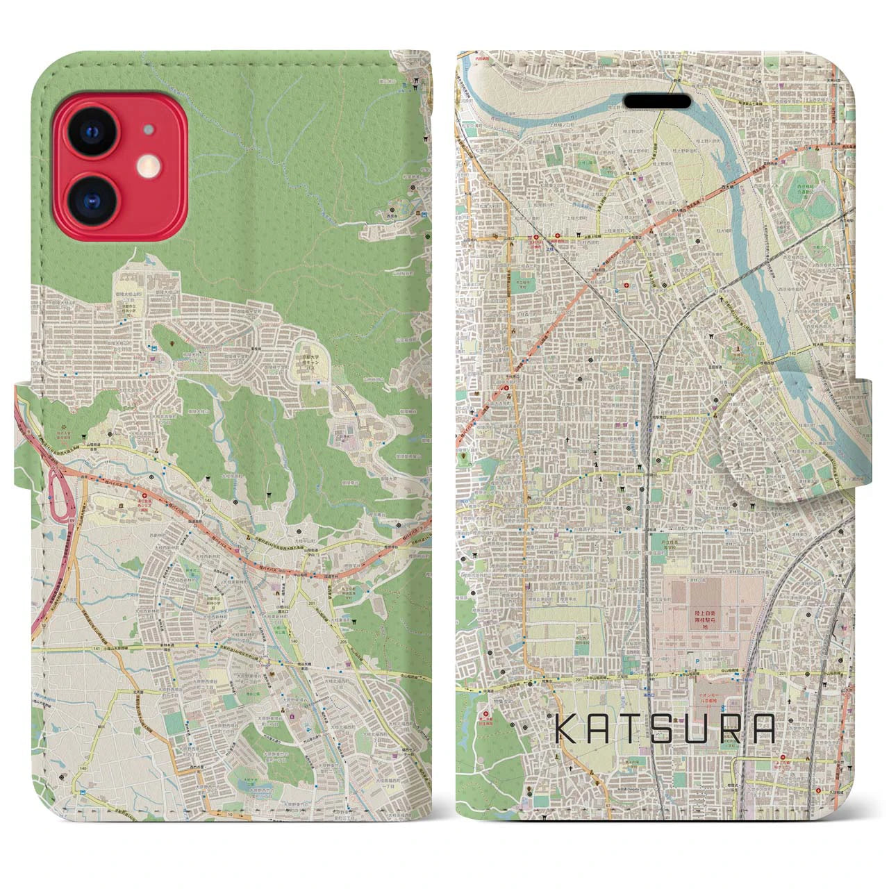 【桂(京都府)】地図柄iPhoneケース(手帳タイプ)ナチュラル・iPhone 11 用