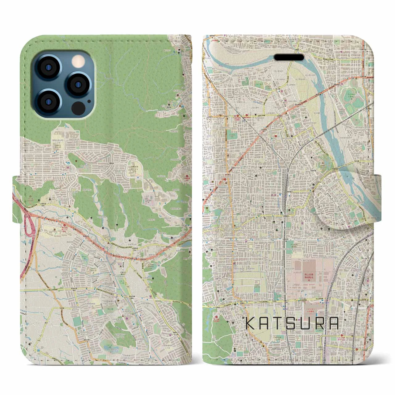 【桂(京都府)】地図柄iPhoneケース(手帳タイプ)ナチュラル・iPhone 12 / 12 Pro 用