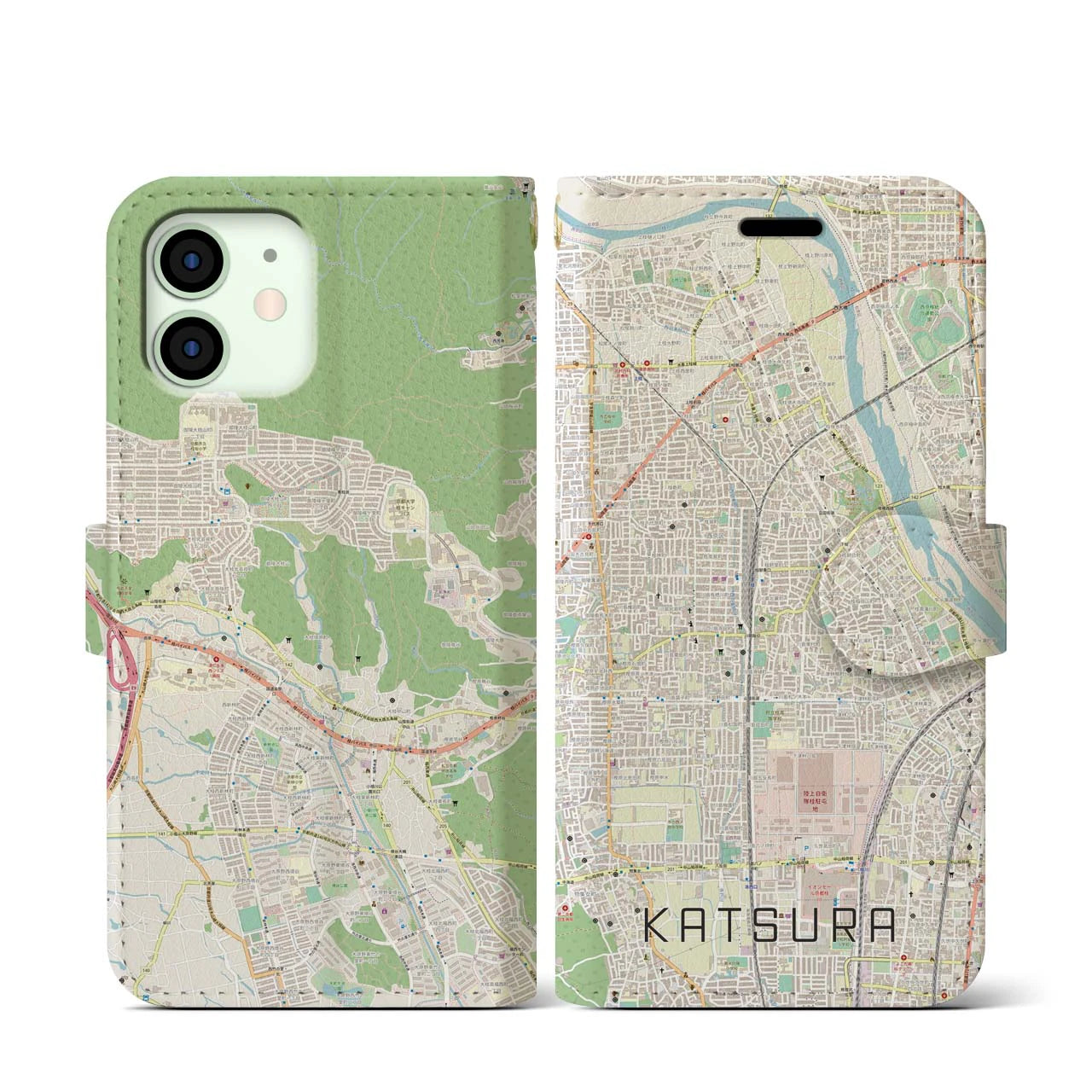 【桂(京都府)】地図柄iPhoneケース(手帳タイプ)ナチュラル・iPhone 12 mini 用