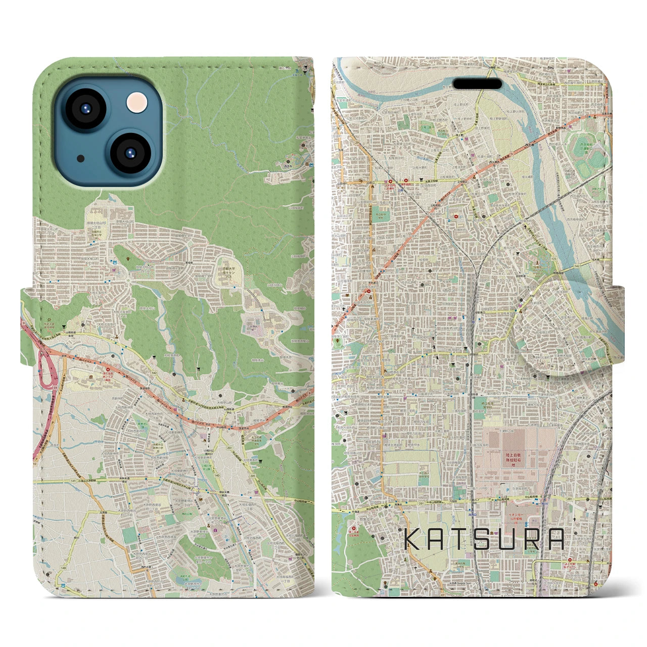 【桂(京都府)】地図柄iPhoneケース(手帳タイプ)ナチュラル・iPhone 13 用