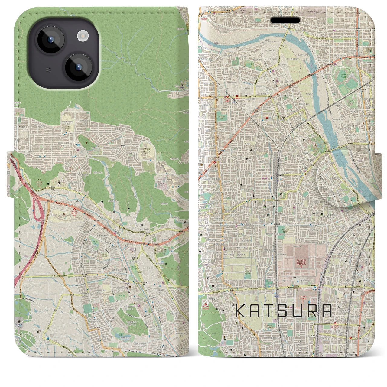 【桂(京都府)】地図柄iPhoneケース(手帳タイプ)ナチュラル・iPhone 14 Plus 用