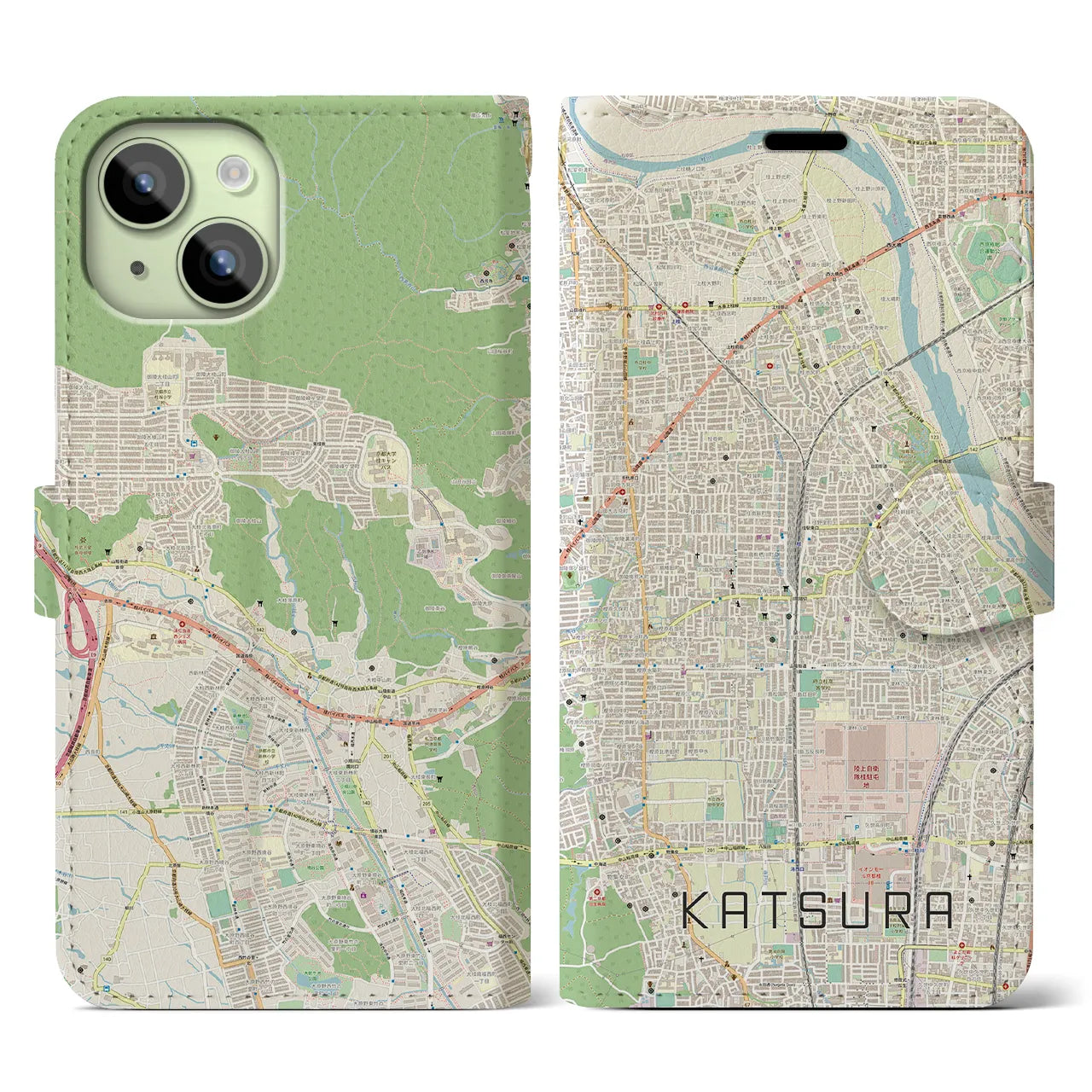 【桂(京都府)】地図柄iPhoneケース(手帳タイプ)ナチュラル・iPhone 15 用
