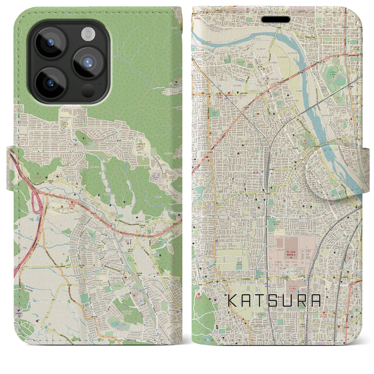 【桂(京都府)】地図柄iPhoneケース(手帳タイプ)ナチュラル・iPhone 15 Pro Max 用