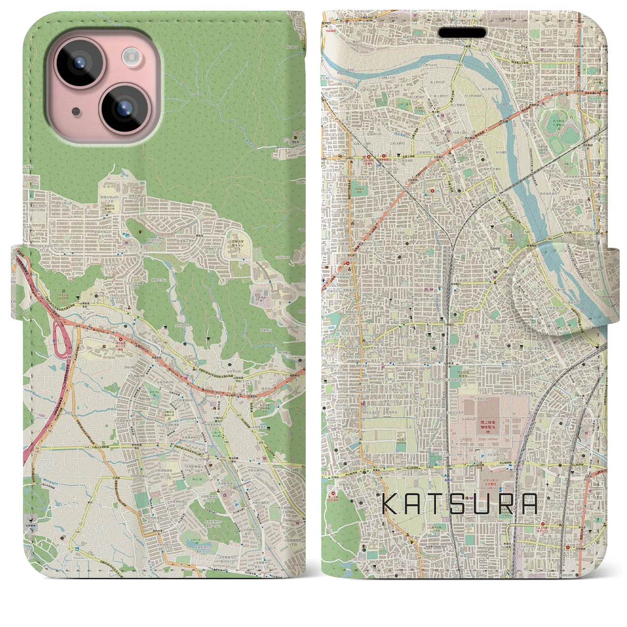 【桂(京都府)】地図柄iPhoneケース(手帳タイプ)ナチュラル・iPhone 15 Plus 用