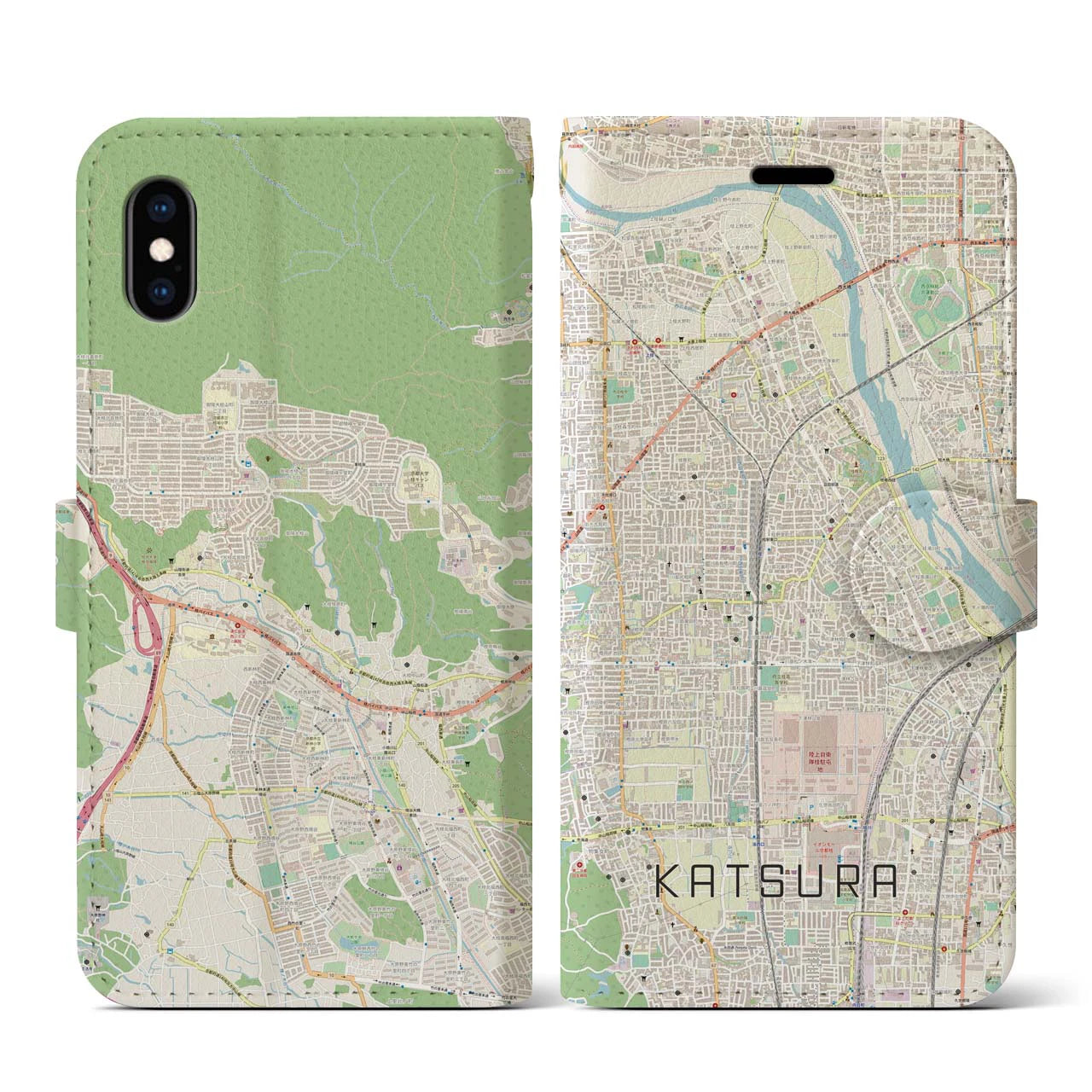 【桂(京都府)】地図柄iPhoneケース(手帳タイプ)ナチュラル・iPhone XS / X 用