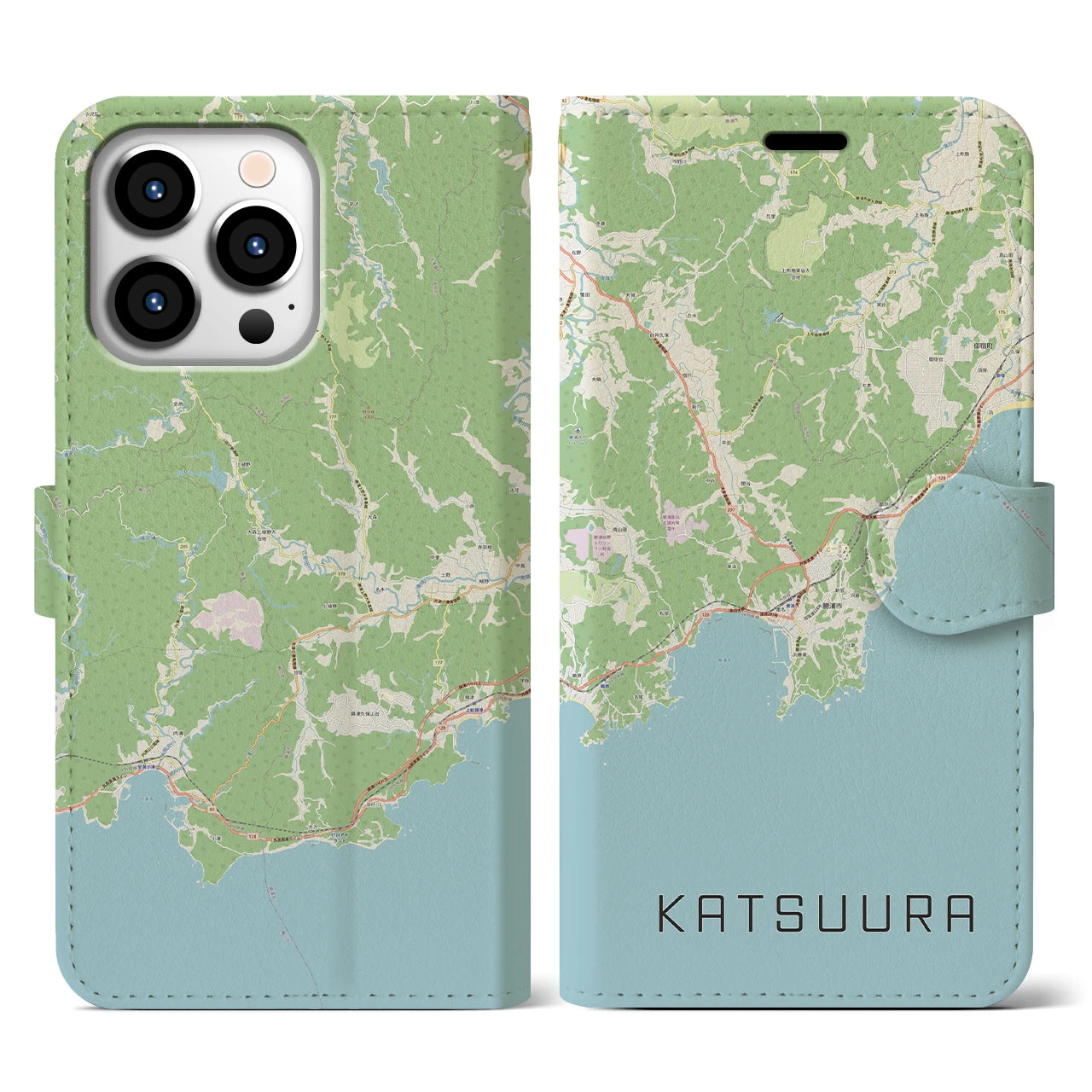 【勝浦(千葉県)】地図柄iPhoneケース(手帳タイプ)ナチュラル・iPhone 13 Pro 用