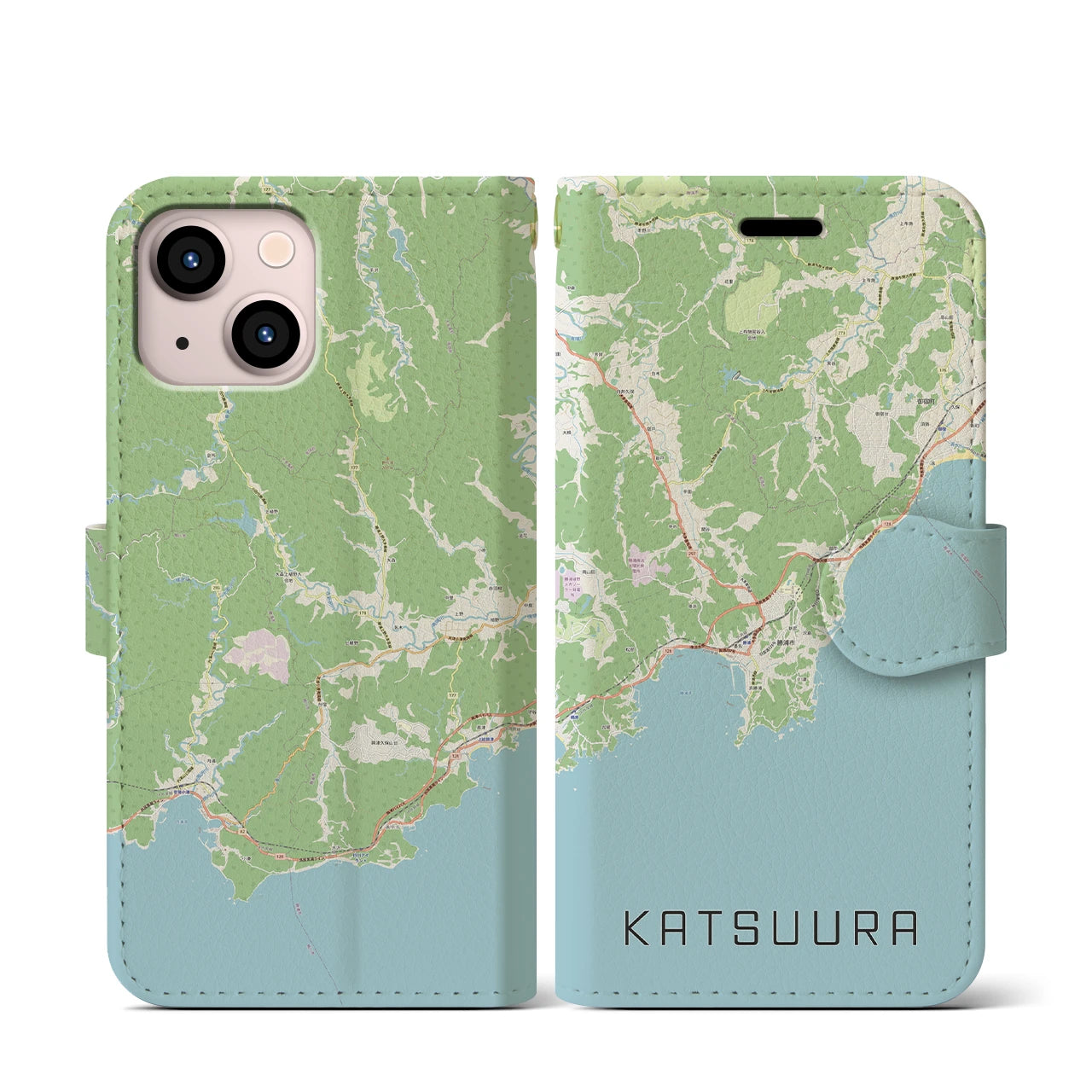 【勝浦(千葉県)】地図柄iPhoneケース(手帳タイプ)ナチュラル・iPhone 13 mini 用
