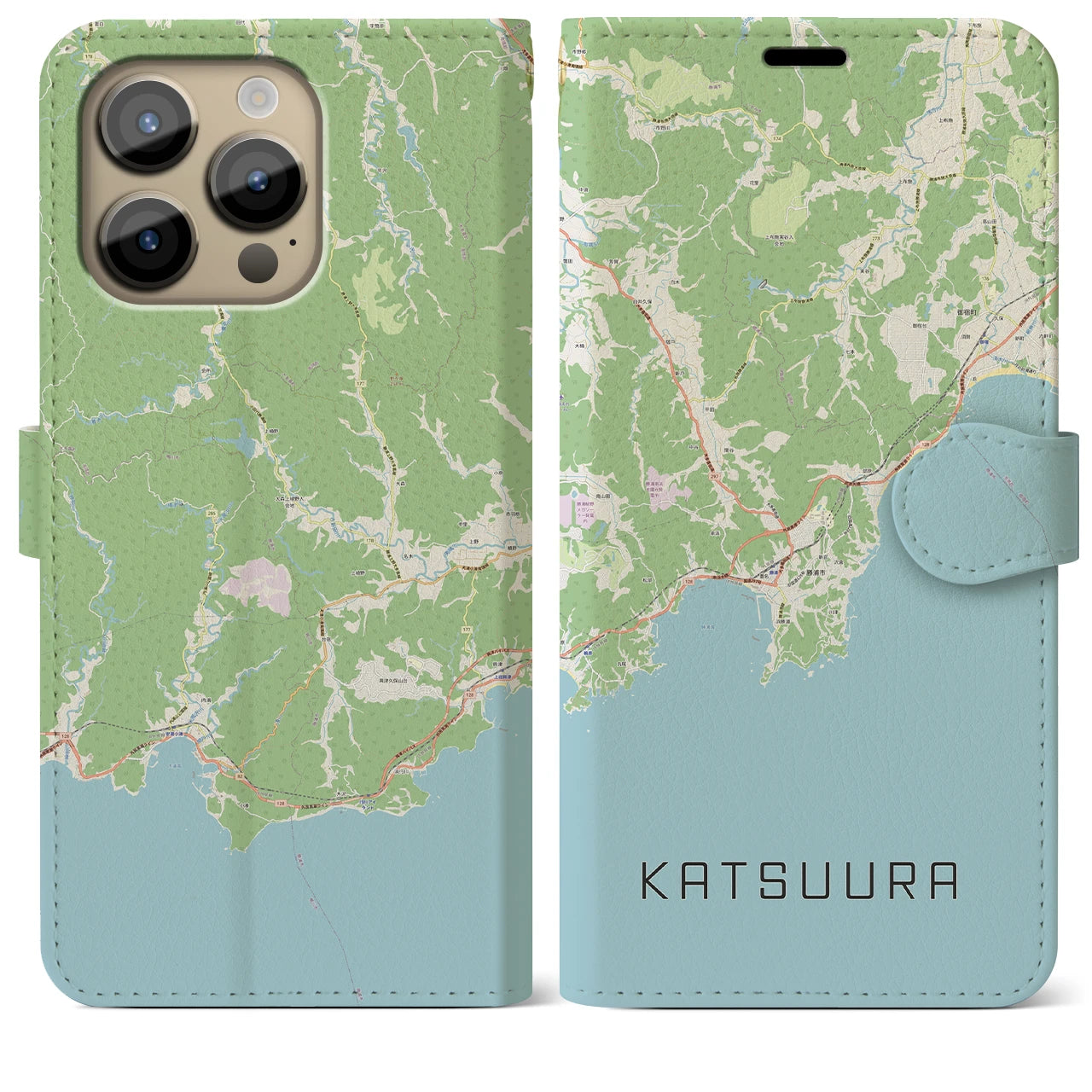 【勝浦(千葉県)】地図柄iPhoneケース(手帳タイプ)ナチュラル・iPhone 14 Pro Max 用