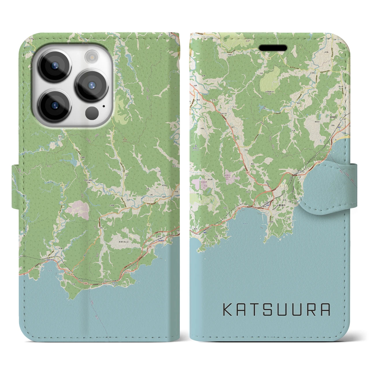 【勝浦(千葉県)】地図柄iPhoneケース(手帳タイプ)ナチュラル・iPhone 14 Pro 用