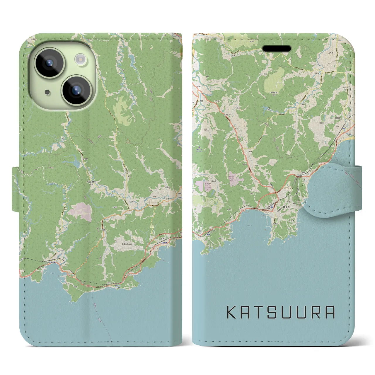 【勝浦(千葉県)】地図柄iPhoneケース(手帳タイプ)ナチュラル・iPhone 15 用