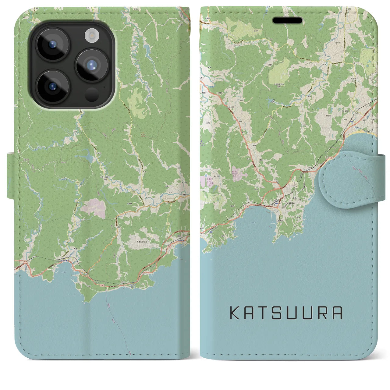 【勝浦(千葉県)】地図柄iPhoneケース(手帳タイプ)ナチュラル・iPhone 15 Pro Max 用
