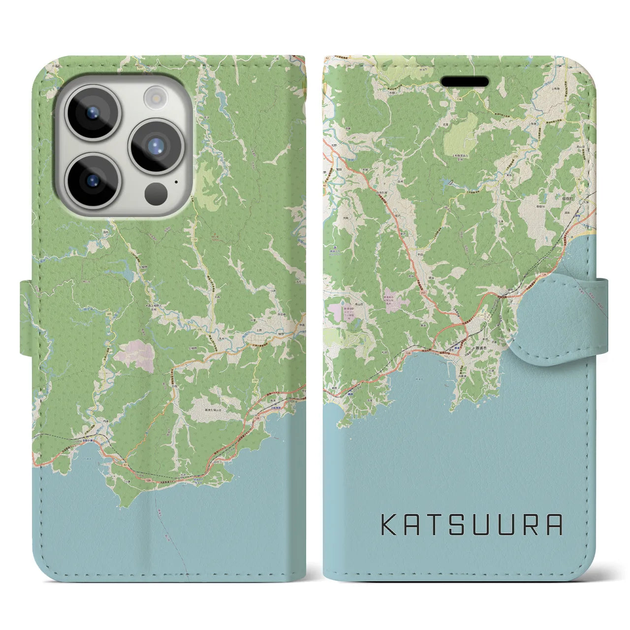 【勝浦(千葉県)】地図柄iPhoneケース(手帳タイプ)ナチュラル・iPhone 15 Pro 用