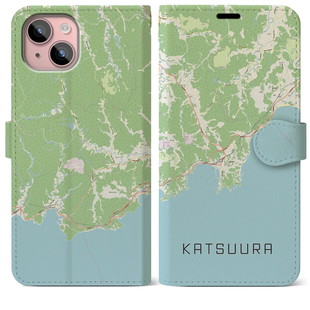 【勝浦(千葉県)】地図柄iPhoneケース(手帳タイプ)ナチュラル・iPhone 15 Plus 用